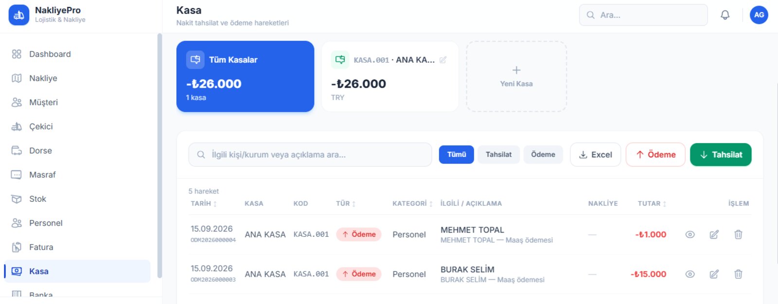 Kasa ve Banka Yönetimi - NakliyePro ekran görüntüsü